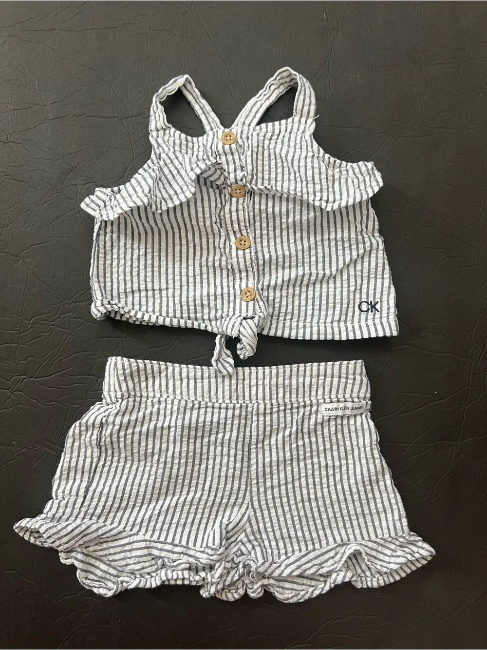 Calvin Klein Jeans 2 Pcs Seersucker Tank Top Shorts Set Ruffle Toddler Grey 18m